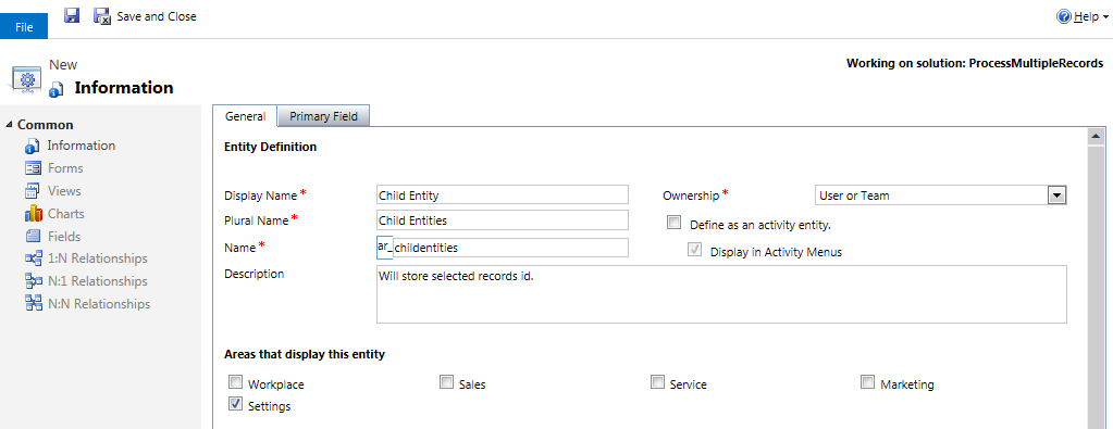 Child Entity creation form