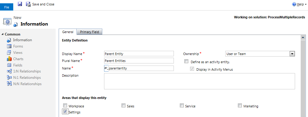Parent Entity creation form