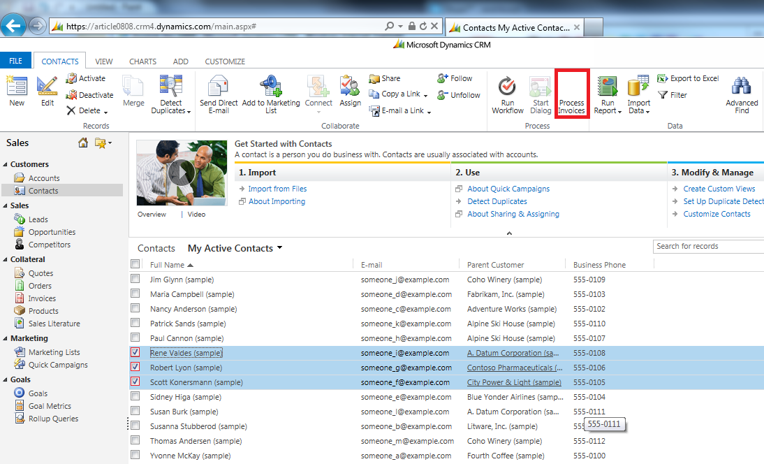 Selecting customers and processing invoices