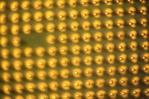 Photo of CPU pins where pin tops are in focus