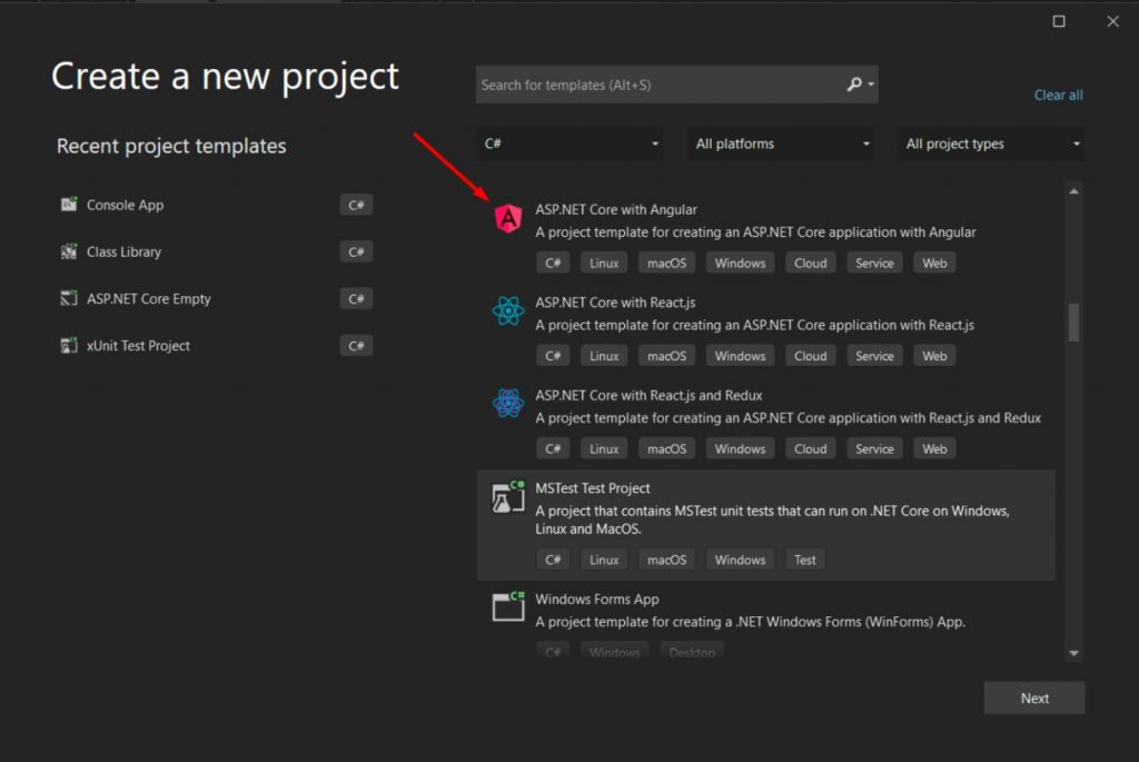 ASP.NET Core offers built-in project templates, including Angular.