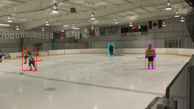 The “red” player crosses with the “green” one and blocks the second from our (and camera) field of view while “blue” player leaves the field of view scene03077