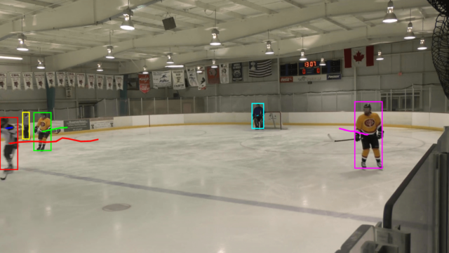 The referee appears from behind the “green” player and our algorithm creates new trajectory for him, as it recognises him as the new figure on the field and not, for instance, the “blue” player that left the field earlier scene03091