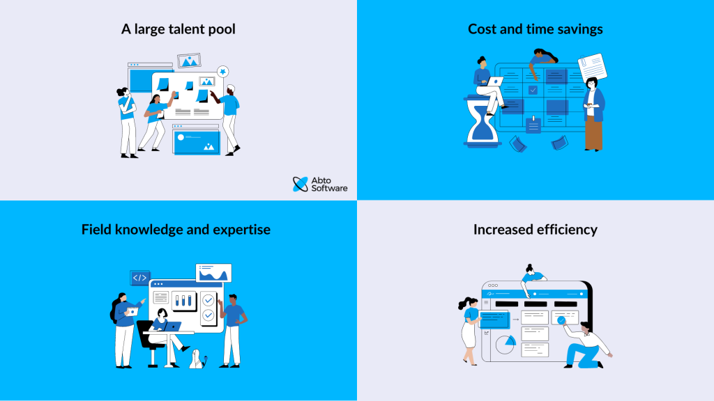 Main reasons to outsource web development: a large talent pool, cost and time savings on web development, field knowledge and expertise, increased efficiency of an internal team